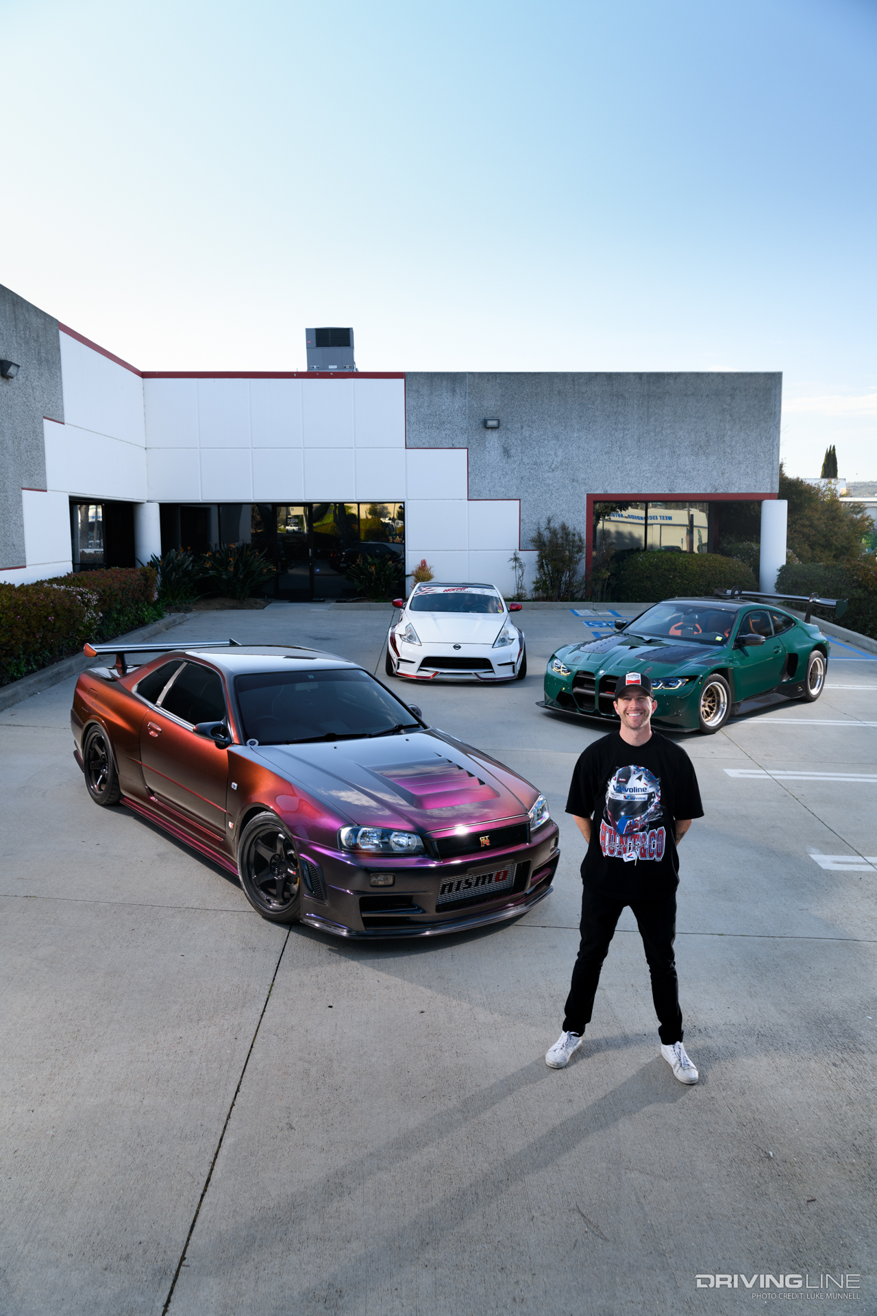 TJ Hunt with his Nissan GTR, BMW M4 GT3, and Nissan Z drift car