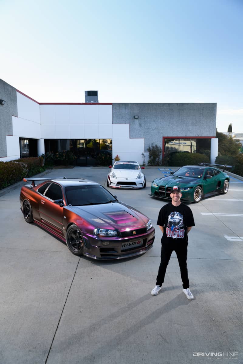 TJ Hunt with his Nissan GTR, BMW M4 GT3, and Nissan Z drift car