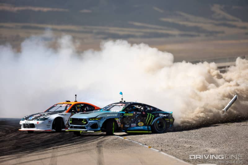 Vaughn Gittin Jr. tandem drifting against Odi Bakchis at 2023 Formula Drift Utah