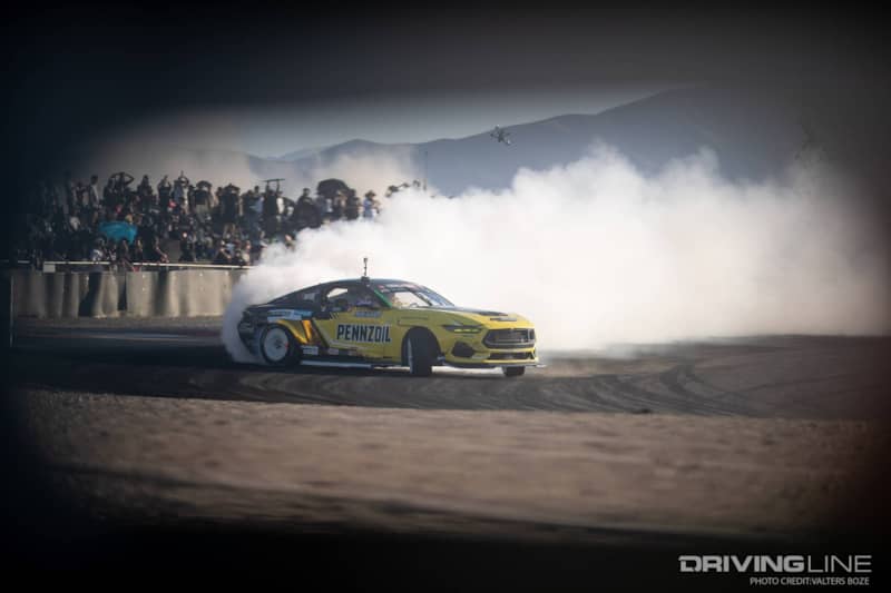Chelsea DeNofa drifting in his RTR Mustang on Nitto NT555 G2 tires at 2023 Formula Drift Utah