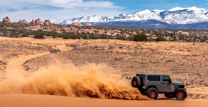Moab Utah Dunes Jeep Wrangler 40s action shot