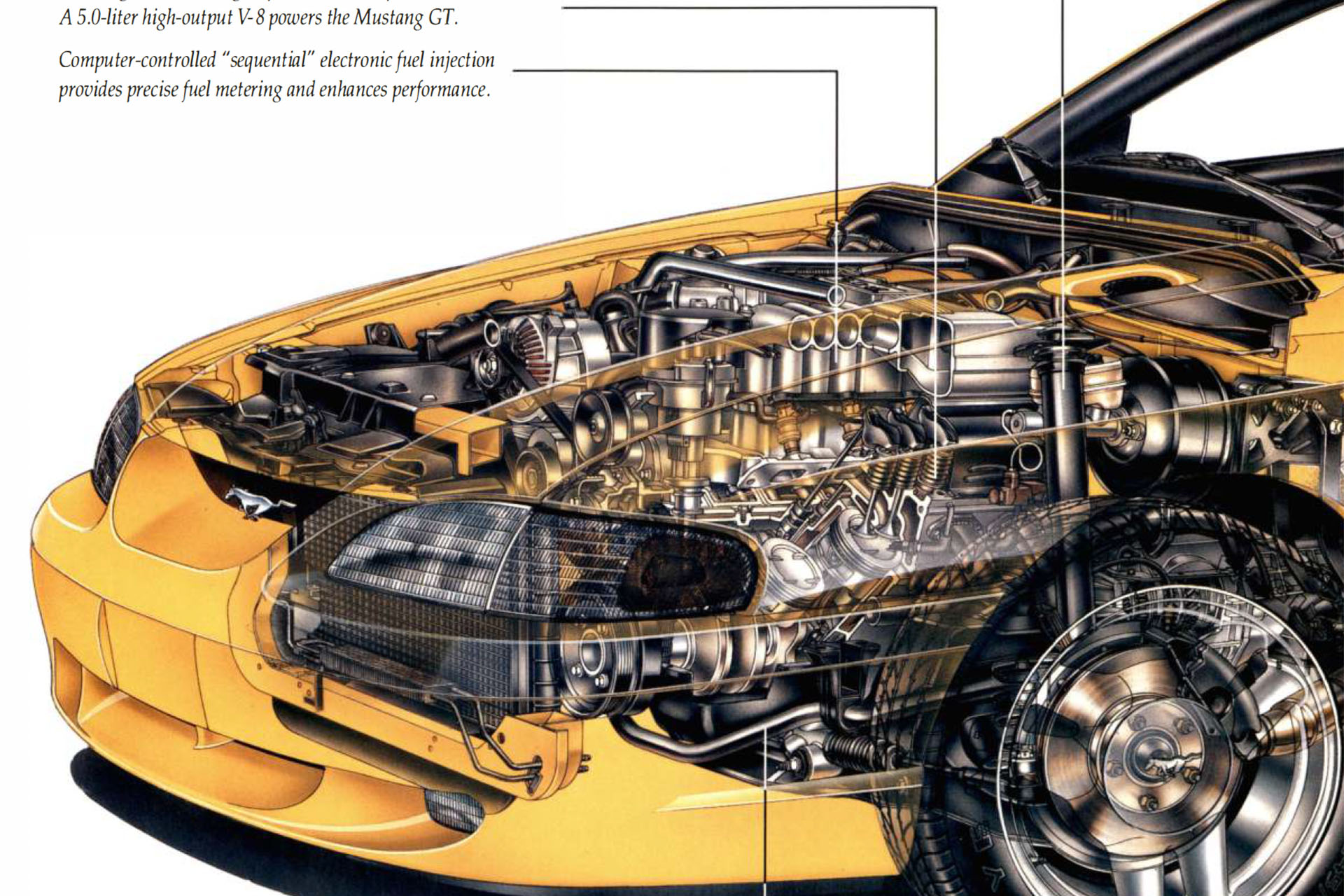 1994 Mustang GT Engine Bay cut away. Computer Controlled