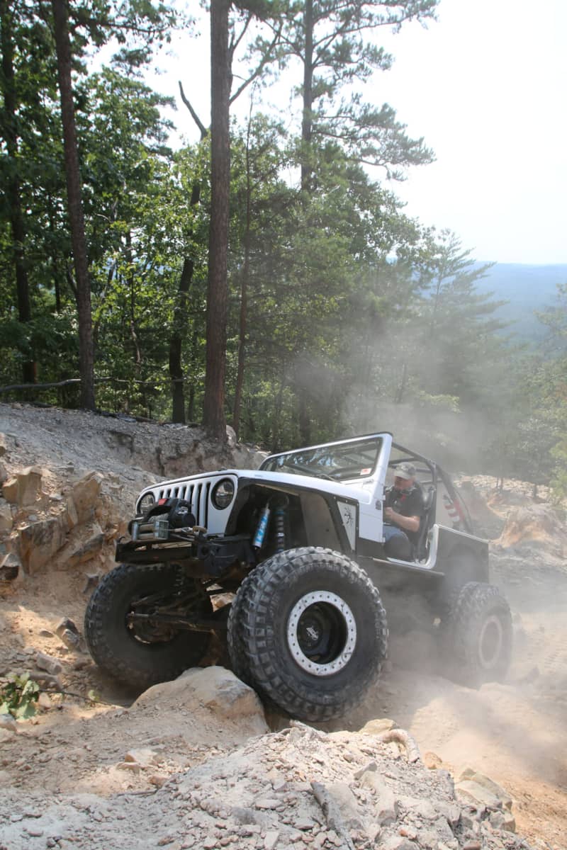 Jeep Wrangler TJ on 40s smoking tires off-road uwharrie national forest Daniel trail