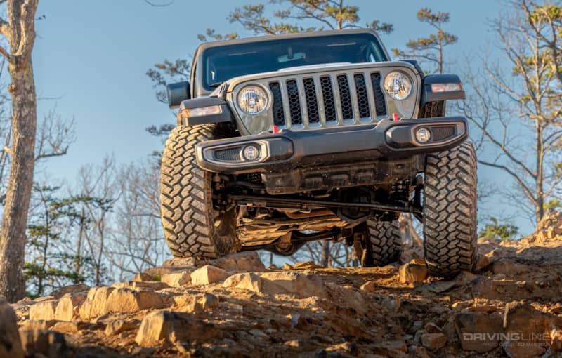 Jeep Gladiator Rubicon on 38s front view stock plastic bumper