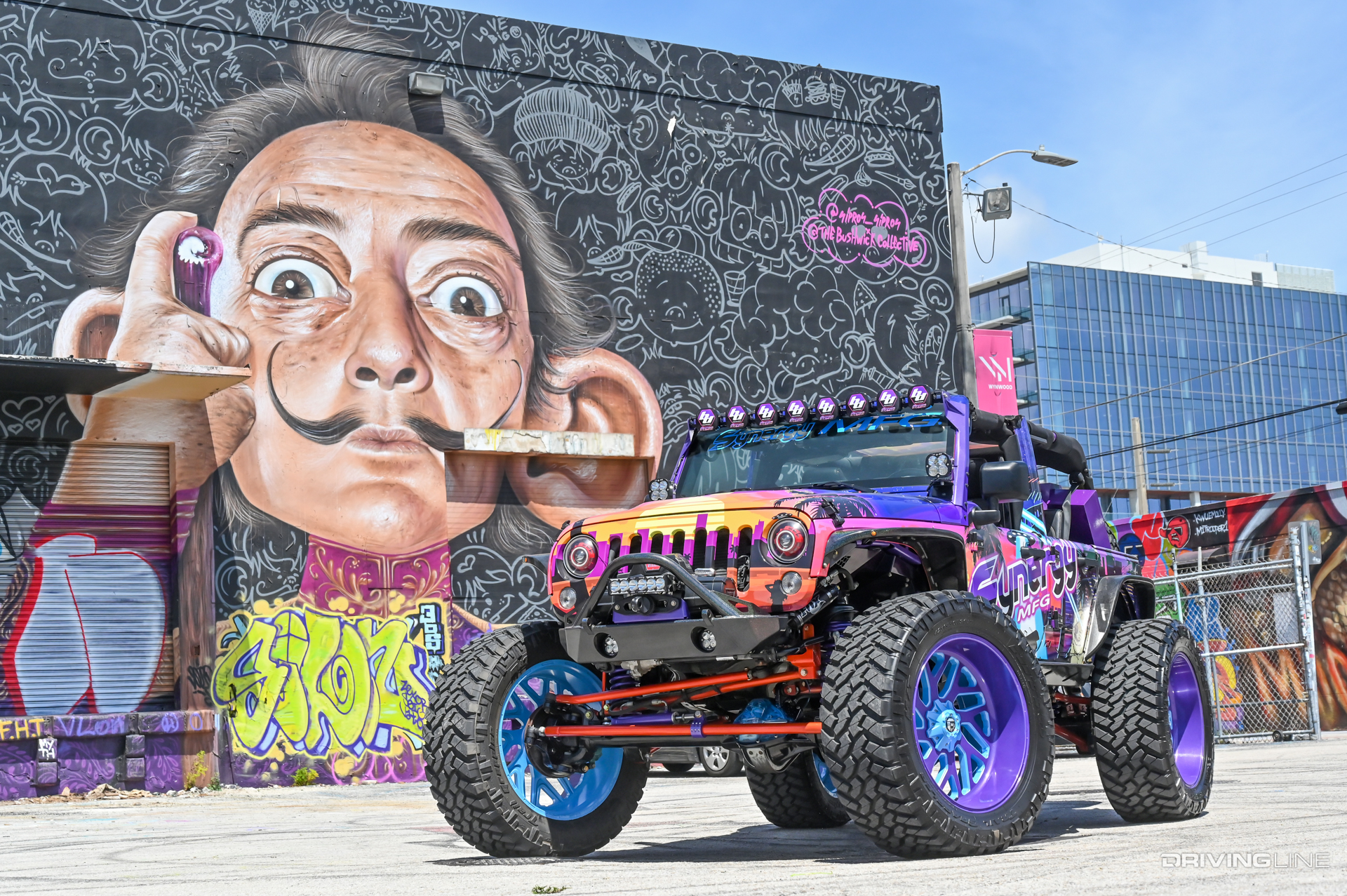 Jeep JK built by Synergy MFG in front of Miami graffiti