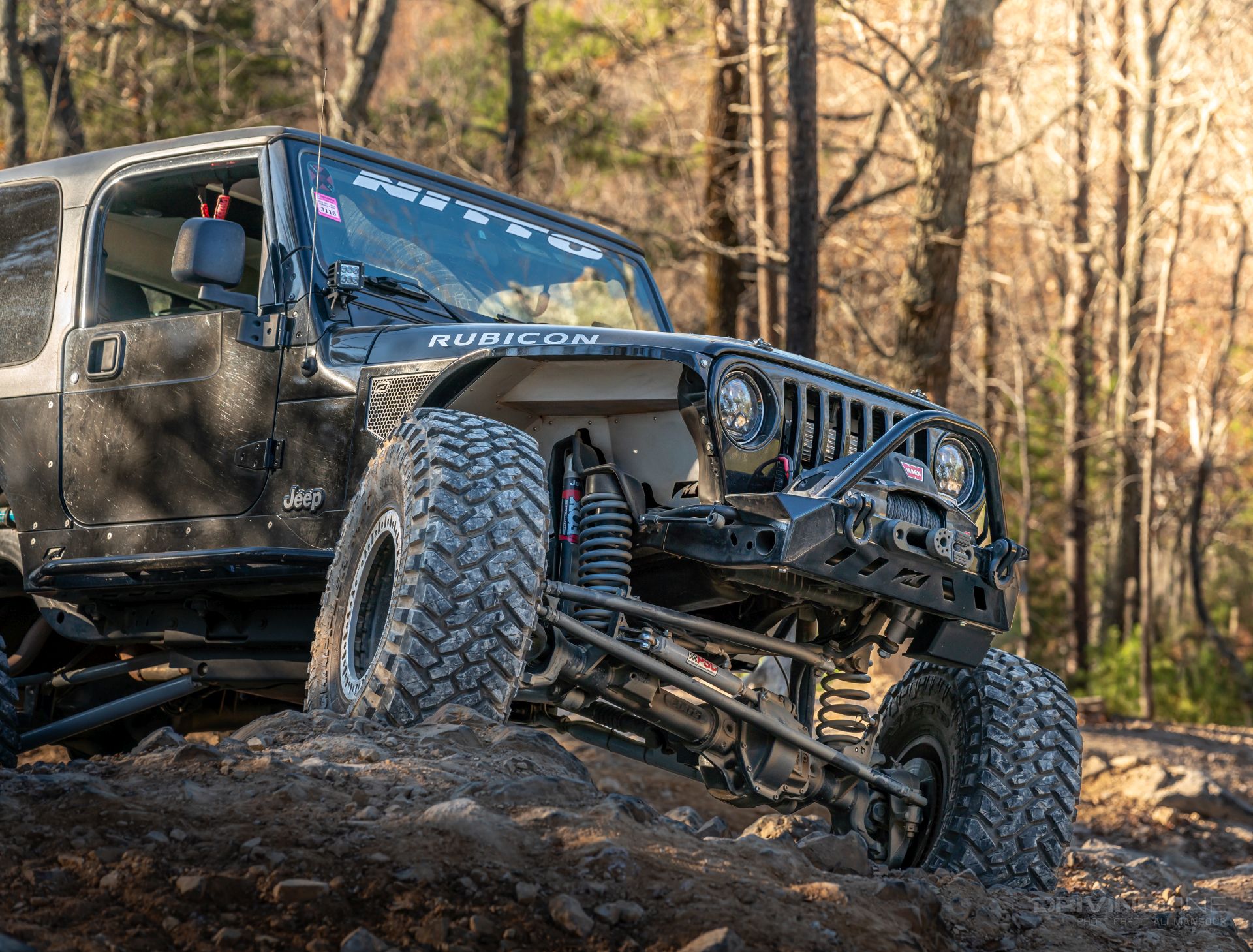 Jeep Wrangler TJ on 40 inch Nitto Trail Grapplers front view off-road uwharrie national forest