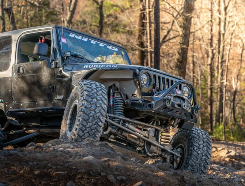 Jeep Wrangler TJ on 40 inch Nitto Trail Grapplers front view off-road uwharrie national forest