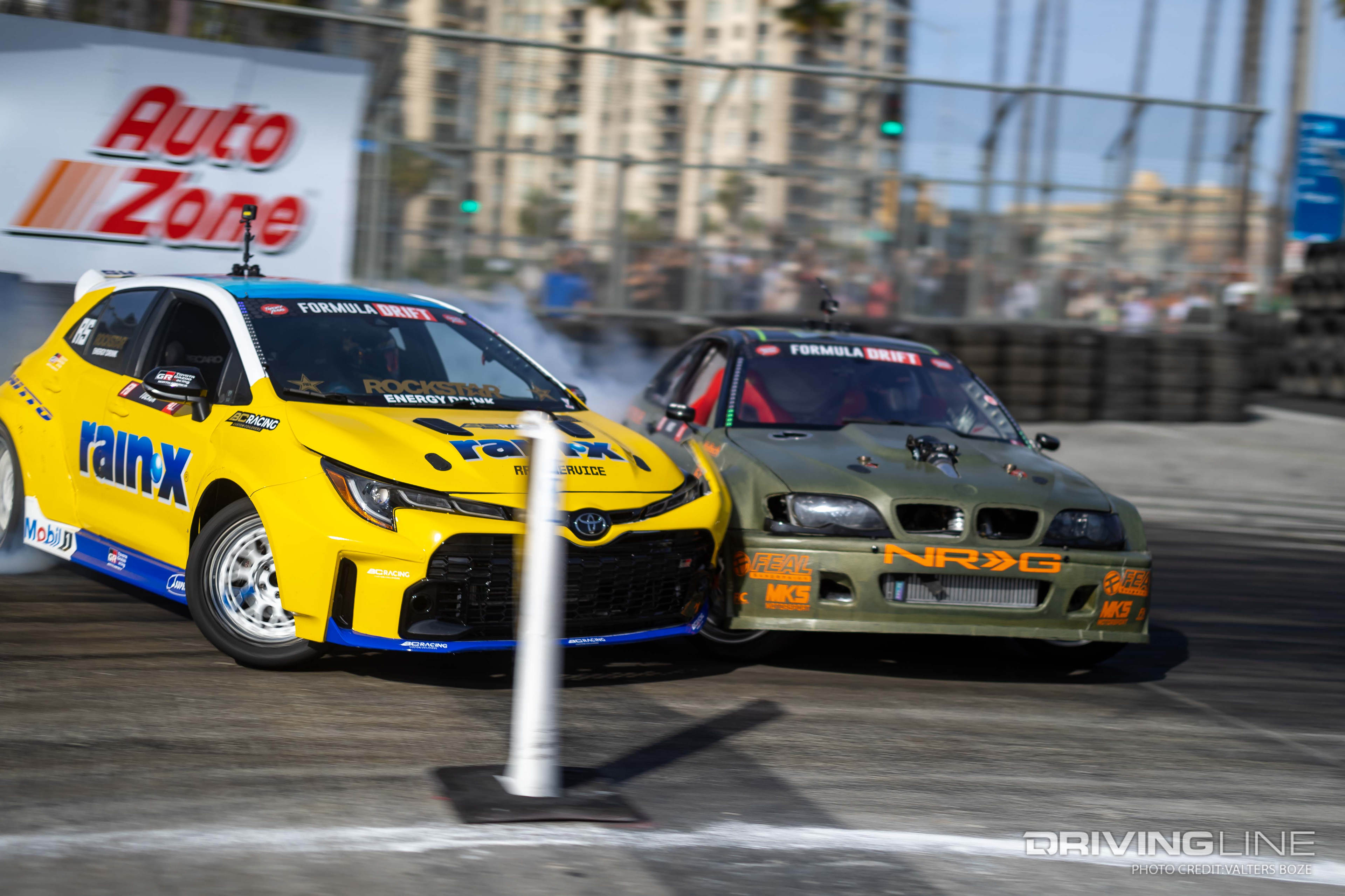 Ryan Tuerck tandem drifts against Jonathan Hurst at 2023 Formula Drift Long Beach