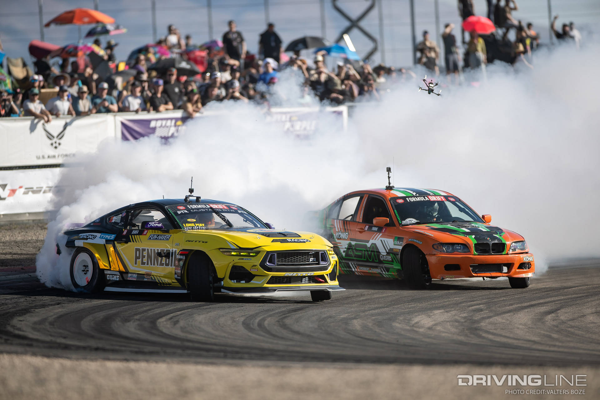 Chelsea DeNofa tandem drifting against Robert Thorne at 2023 Formula Drift Utah