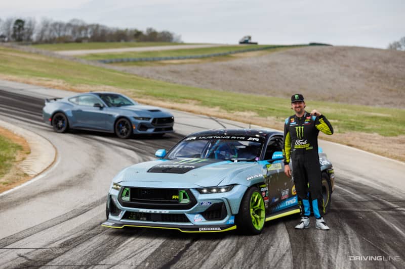 The 2023 Ford Mustang Spec 5FD car in the foreground was introduced by Vaughn Gittin Jr. back in April, ahead of the first round of Formula Drift in Long Beach