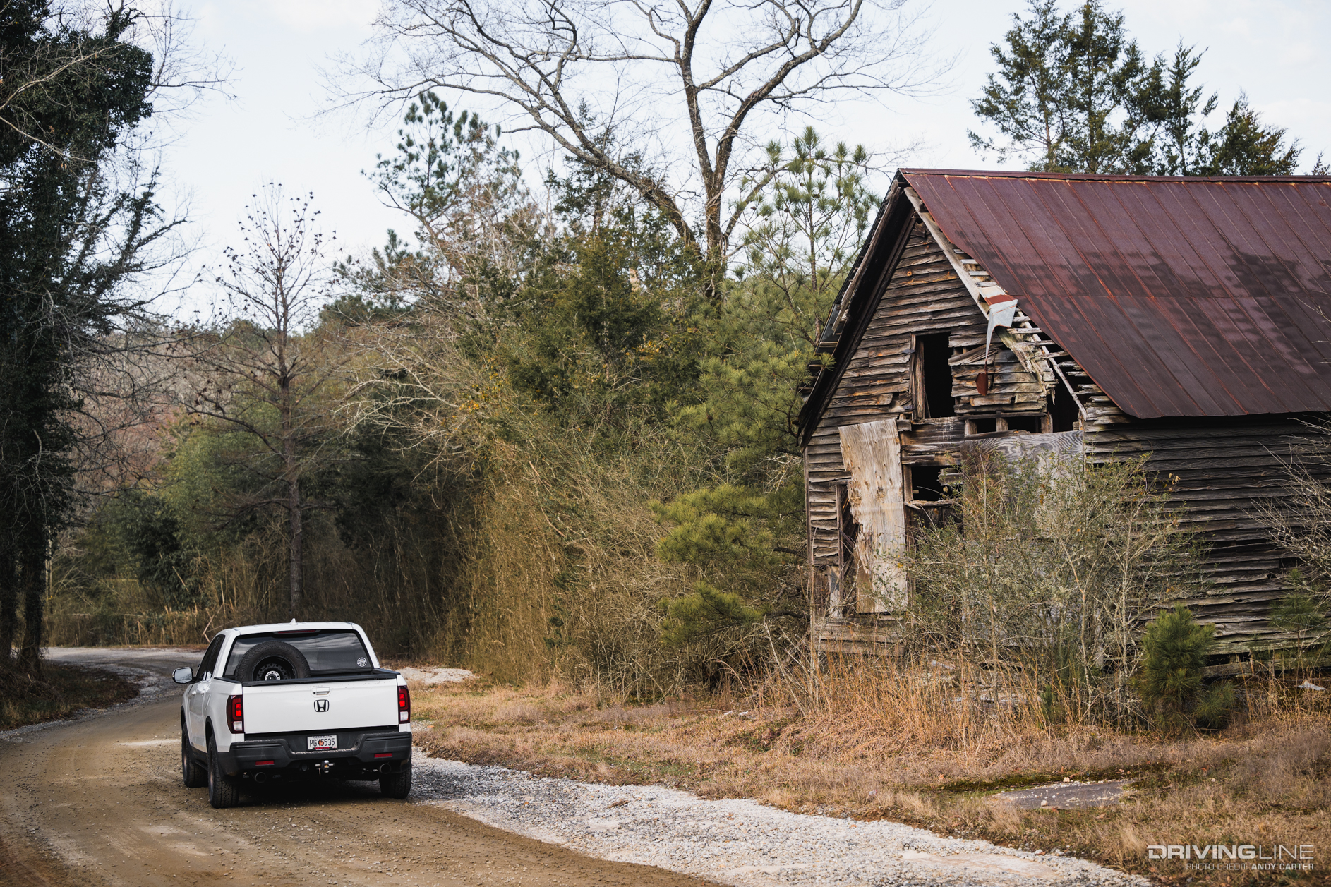 Honda Ridgeline on old dirt road.