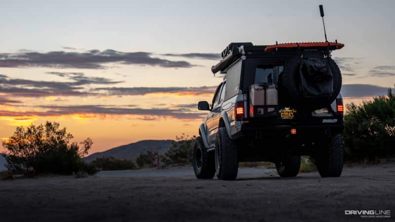 Overlanding Toyota Tacoma rear end at sunset