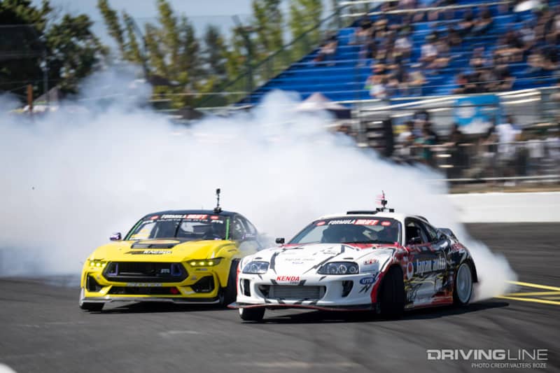 Chelsea DeNofa and Ola Jaeger in a Formula DRIFT tandem battle at Evergreen Speedway