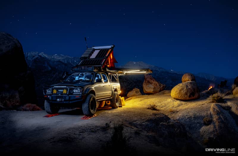 2003 Toyota Tacoma overlanding at night
