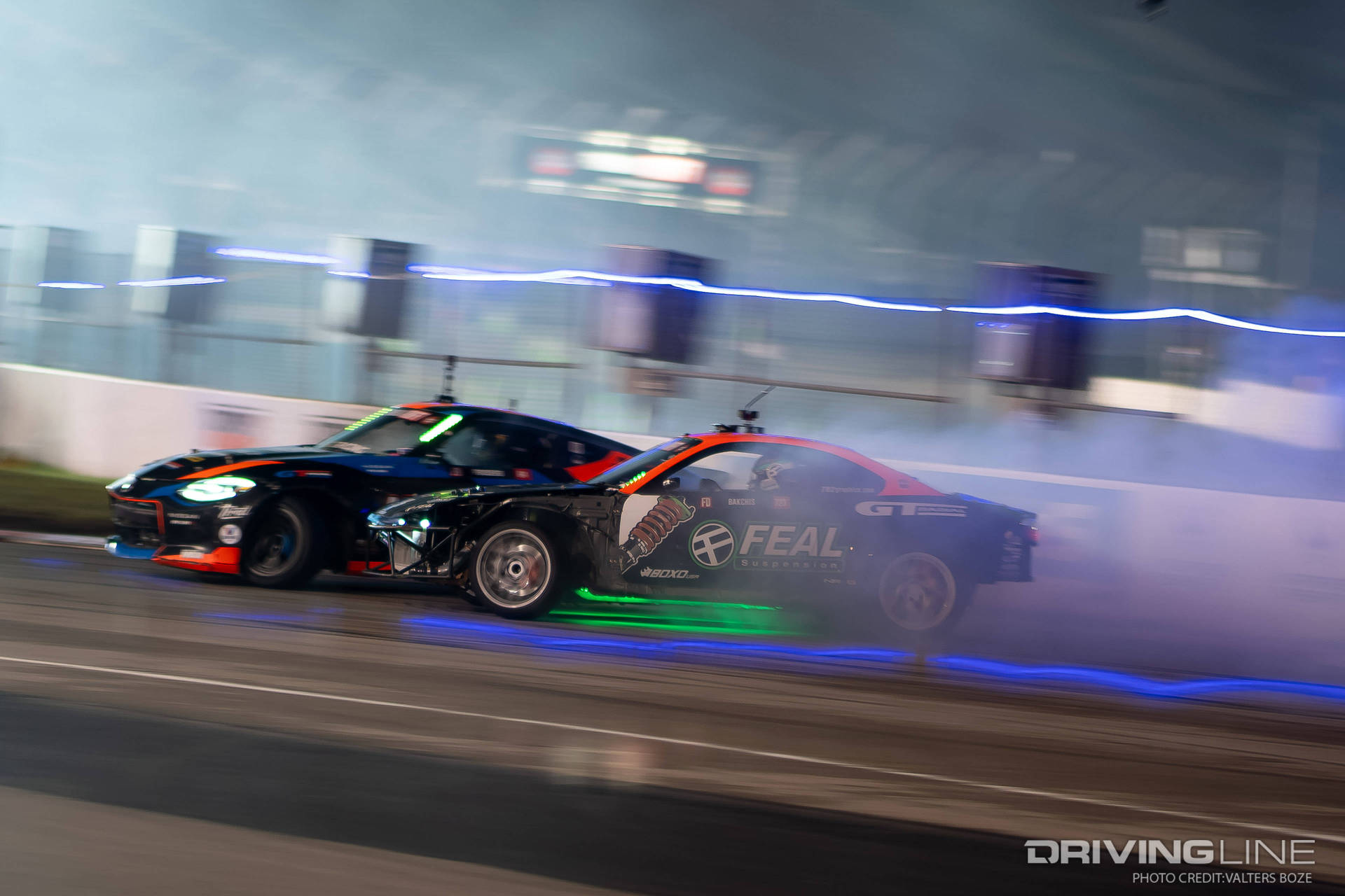 Chris Forsberg tandem drifting against Odi Bakchis at 2023 Formula Drift St. Louis round 5