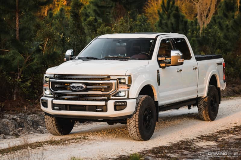 front driver side of a white 2022 Ford F-250 Tremor pickup truck