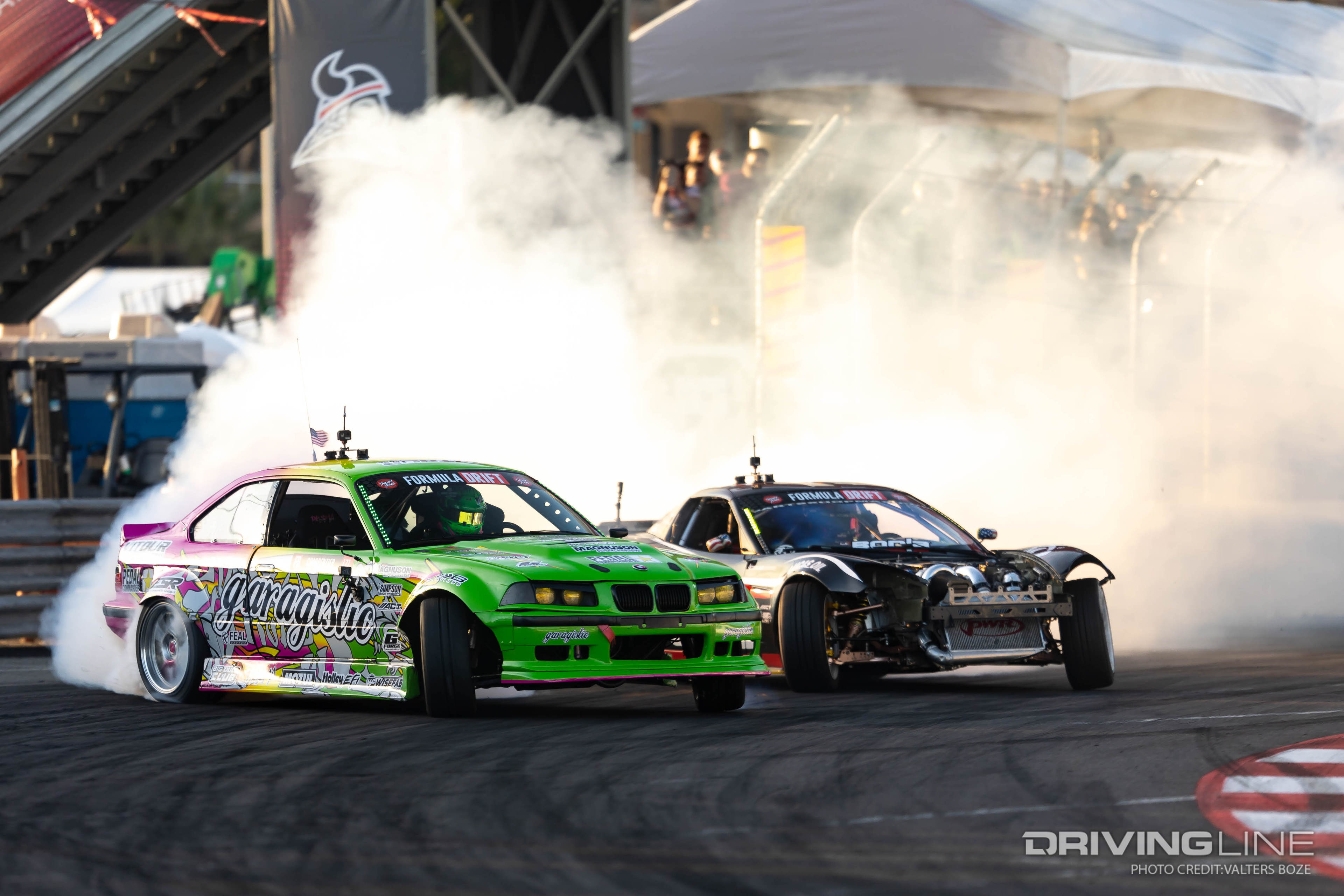 Rome Charpentier tandem drifting against Matt Field at 2023 Formula Drift Long Beach