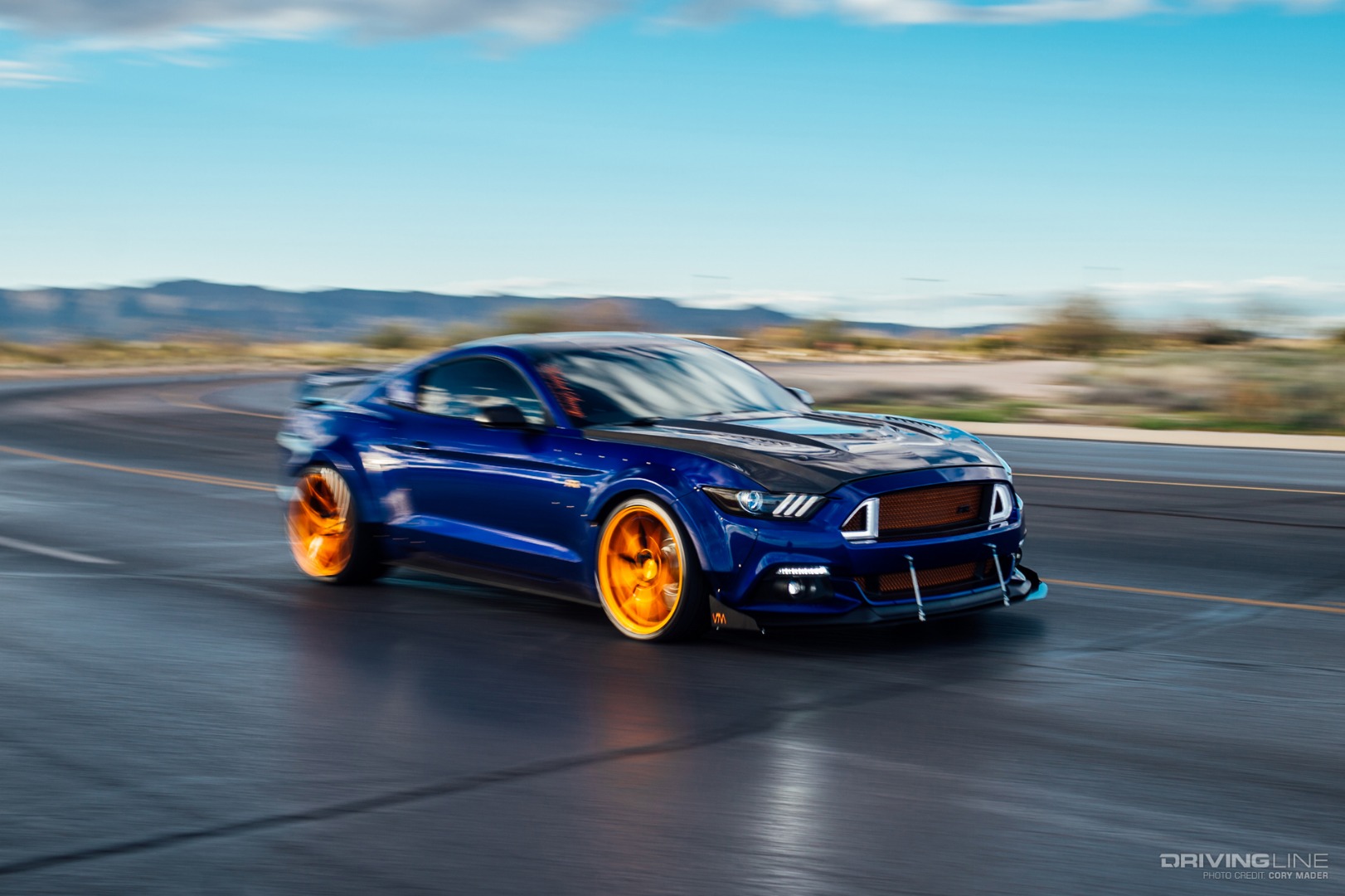Ford Mustang blue in motion at speed