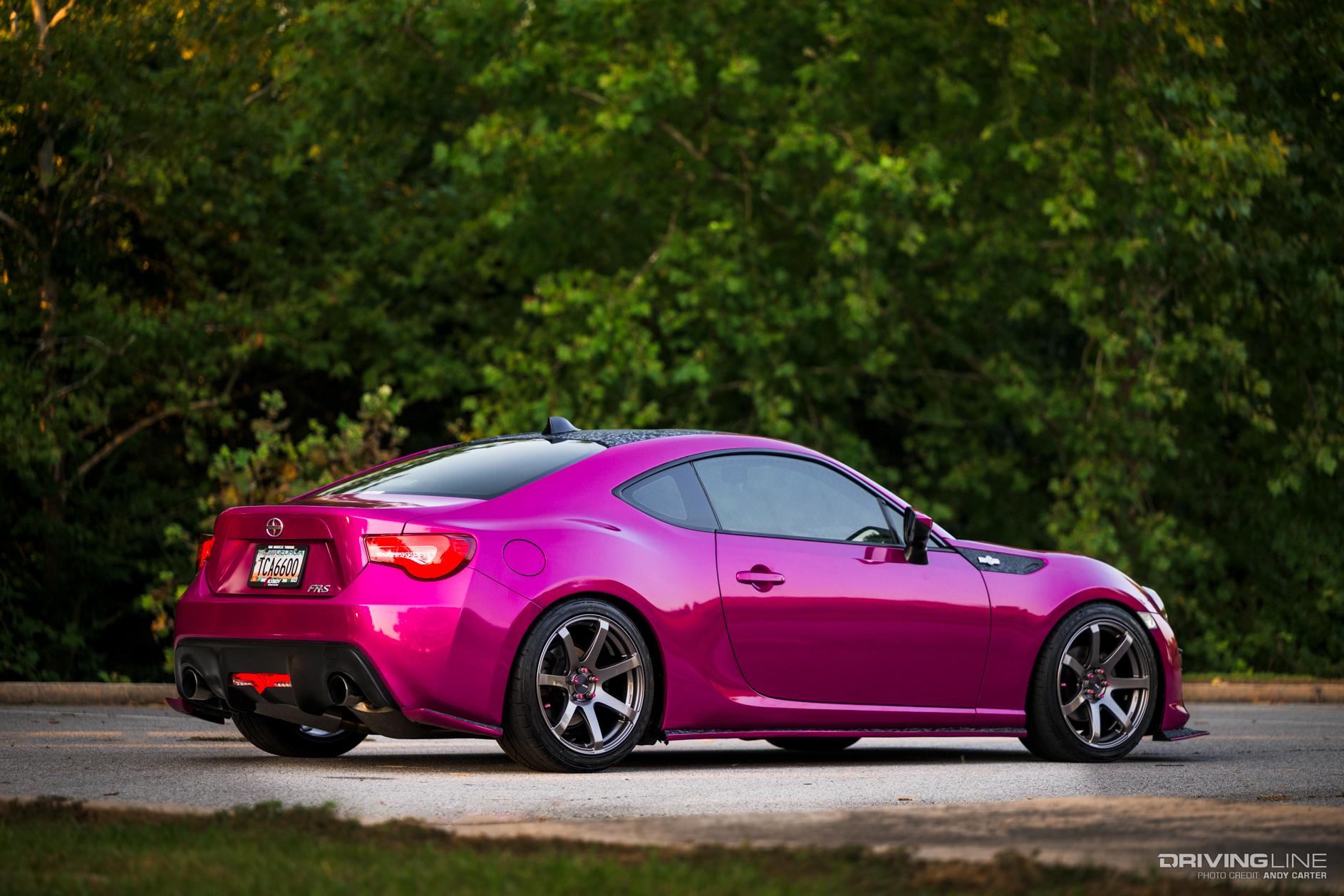 Scion FRS with LS-swapped V8 fuschia rear 3/4
