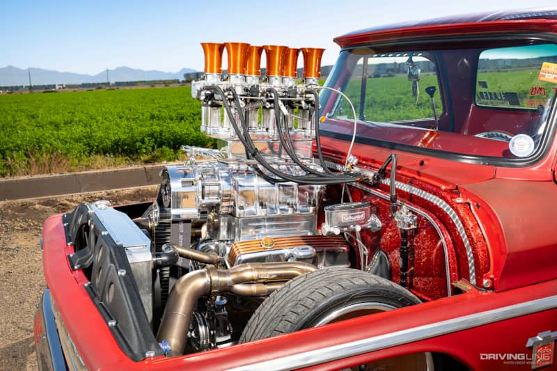 Supercharged small block engine of Dave Schneider's '65 Chevy C10