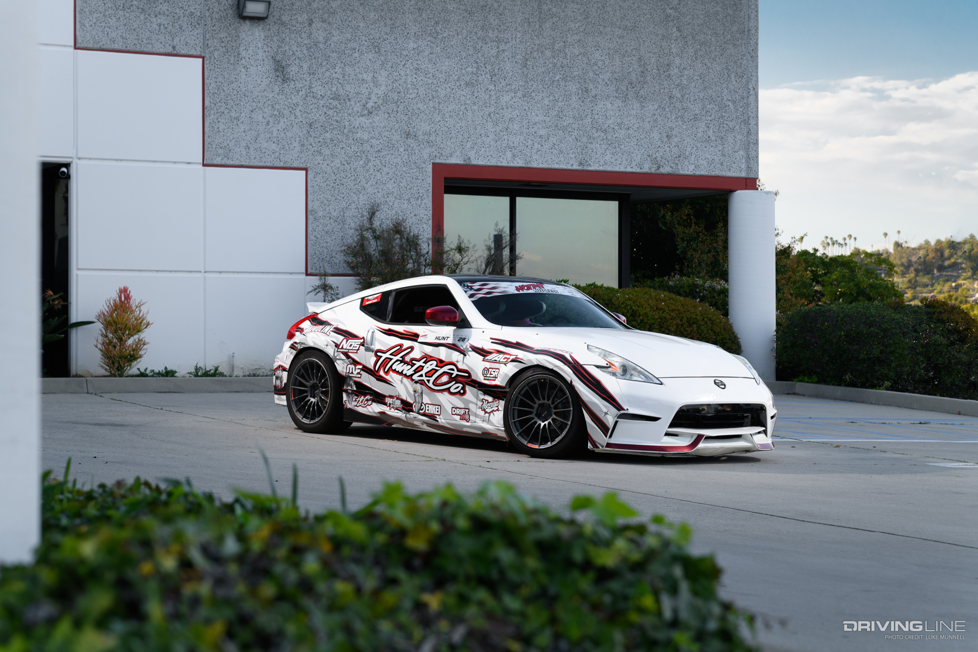 TJ Hunt's white Nissan Z demo drift car on Nitto Tires